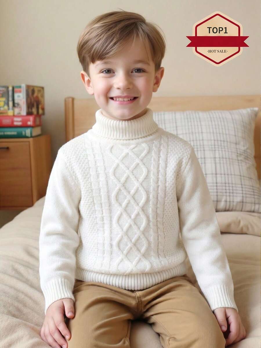 SHEIN 小男孩兒童服飾秋冬款可愛寶藍色百搭簡約微高領毛衣,學院風基礎款,適合通勤上學、日常休閒、大學條紋高領套頭長袖針織毛衣,超舒適百搭刷毛內裡,適合開學、校服、幼兒園、生日派對、晚宴、表演、婚禮 - 白色 - 查看 1