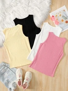 SHEIN 青少年女孩針織素色修身休閒圓領無袖背心上衣 - 彩色 - 查看 3