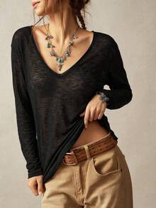 Bohemela Casual Plain Vacation Solid Color Knit Women's T-Shirt Everyday Black Autumn Everyday Travel - Black - View 2