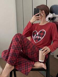 100% Cotton 2Pcs  Heart Printed Shirt And Plaid Printed Sleep Bottom PJ Set - 紅木色 - 查看 4