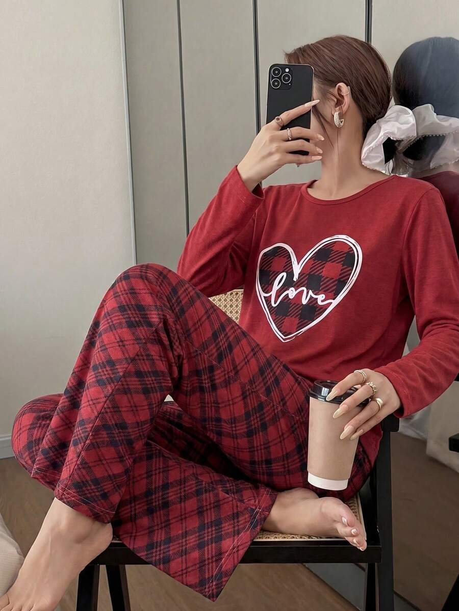 100% Cotton 2Pcs Heart Printed Shirt And Plaid Printed Sleep Bottom PJ Set - Redwood - View 1