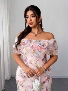 Elenzga Plus Size Spring/Autumn Off Shoulder Ruffle Waist-Cinched Bodycon Mesh 3D Floral Fabric Elegant Romantic Exquisite Women's Dress Fall - Multicolor - View 5