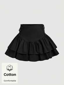 SHEIN MOD 女士纯棉纯色系带侧边荷叶边下摆半身裙 - 黑色 - 查看 4