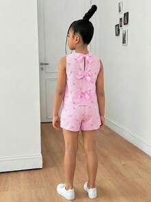SHEIN 2件組 青少年女孩休閒紋理布料蝴蝶結露背背心上衣與短褲套裝 - 粉色 - 查看 3