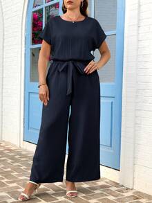 SHEIN Clasi Plus Size Elegant Round Neck Waist-Tie Wide Leg Jumpsuit - Navy Blue - View 3