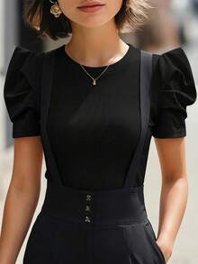 Editum Blusa roja de cuello redondo con mangas de pétalo - Negro - Ver 7