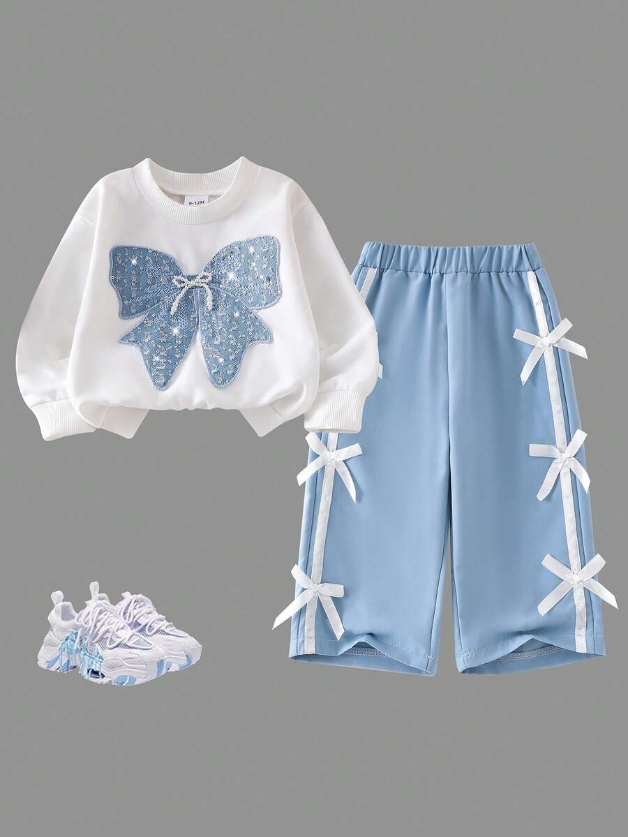 SHEIN Conjunto de 2 piezas de camiseta de cuello redondo con decoración de lentejuelas de mariposa azul y pantalones de punto con lazo en la cintura para niñas bebés, conjunto de ropa deportiva de moda para otoño/invierno