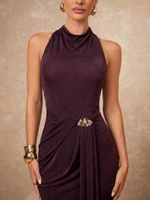 Lumalex Women's Dark Brown Autumn Elegant Wedding Guest Long Dress,Metal Decor Pleated Backless Halter Neck Glitter-Accented Luxury Prom Party Banquet Gown - Dark Brown - View 8