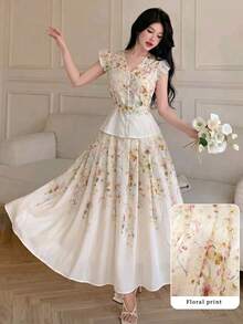 Modelyn Bộ 2 món nữ phong cách Pháp, áo tay cánh dơi bèo nhún họa tiết hoa & chân váy xòe cạp cao, phong cách đi du lịch - Màu vàng - Xem 3