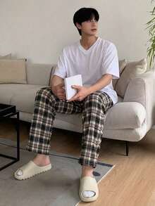 DAZY 春夏格紋長褲搭配白色短袖T恤男士居家服睡衣套裝 - 彩色 - 查看 5