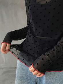 FRIFUL Women's Solid Color Round Neck Polka Dot Pattern Sheer Fashion Top - Black - View 5