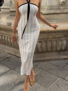 DAZY Neck-Tie Black And White Trim Fitted Mid-Length Dress For Women Sundress Vacation Summer Elegant French - White - View 5