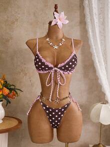 Swim Mod Conjunto de bikini de 3 piezas para mujer con falda de tirantes finos, estampado aleatorio y lazo de encaje, primavera/verano - Multicolor - Ver 7