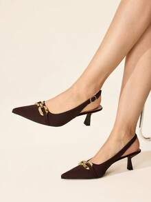 CUCCOO BASICS Women's Stylish Brown Knit Slingback Pumps With Gold Buckle Kitten Heels Pointed Toe Casual Elegant Shoes - Coffee Brown - View 1