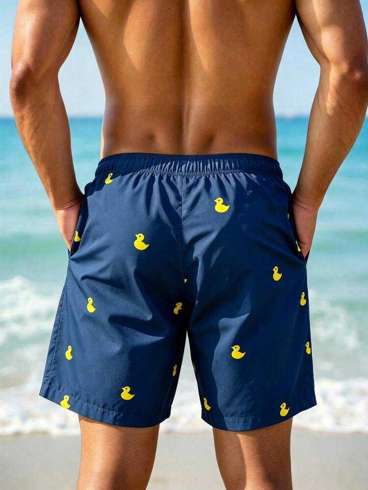 Surfspeed Men's Vacation Cartoon Duck Print Drawstring Waist Beach Shorts - Black - View 2