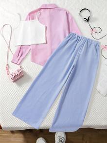 Elladie kids 女童 3 件套休閒個性清新套裝，粉色、藍色、黃色拼接；開襟衫 + 條紋長褲 + 白色針織細肩帶背心，校園秋季 - 彩色 - 查看 3