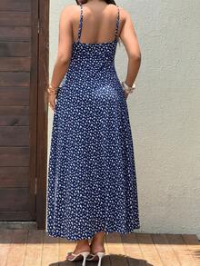 Sunnyshic Plus Size Women's Navy Blue Ditsy Floral Maxi Dress With White Lace Trim, 3D Flower Decor, V-Neck, Spaghetti Straps, Backless, Cinched Waist, A-Line - Navy Blue - View 2