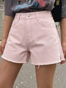 DAZY Summer Casual Washed Frayed Hem Denim Shorts - Pink - View 2
