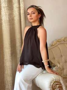 Jeta Ari Plum Purple Sexy New Bohemian Minimalist Halter Neck Ruched A-Line Chiffon Camisole For Women, Spring/Summer Casual - Coffee Brown - View 5