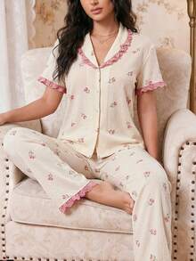 Modelyn Conjunto de pijama de mujer con estampado floral y cuello en forma de corazón, esplendor floral abundante de temporada navideña, detalles acogedores y elegantes - Albaricoque - Ver 8