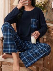 Modelyn 女士休闲宽松格子印花圆领睡衣套装，秋冬服装 - 藍色 - 查看 8
