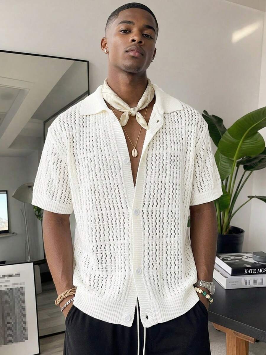 Manfinity Joysei Men Casual Two-Tone Striped Pattern Button Open Knit Sweater Knitted Button Downs For Men's Old Money, Rave - White - View 1