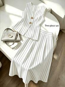 SHEIN Franclia Women's Summer Casual Commute Striped Vest & Long Pants Suit Set - White - View 1