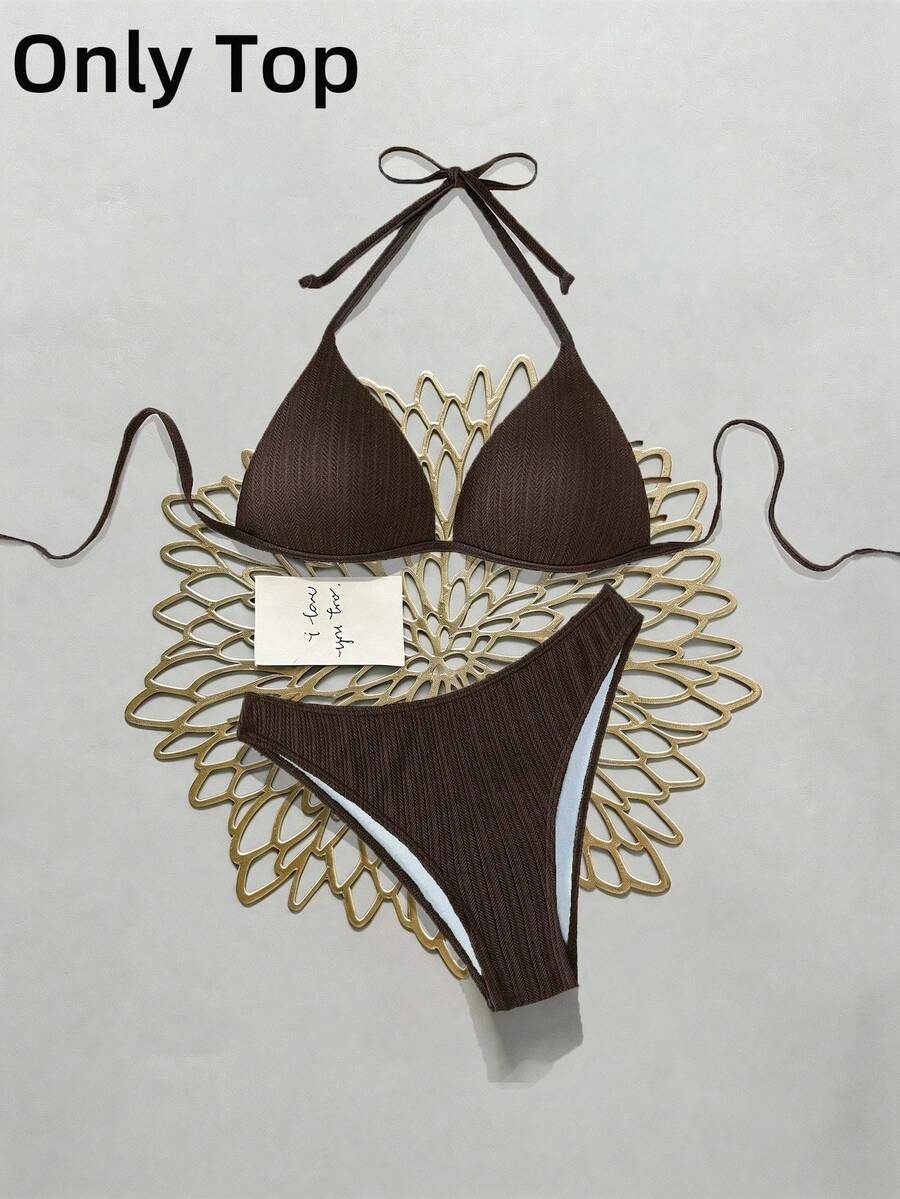 Swim Vcay 女士提花面料挂脖比基尼上衣,春夏女士比基尼套装,棕色比基尼套装,两件式泳衣,女士棕色两件式泳衣,一件式比基尼套装,棕色比基尼套装 - 棕色 - 查看 1