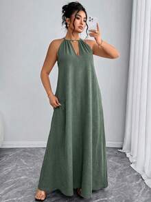 Elenzga Women's Fashion Elegant Solid Color Halter Neck Sleeveless Loose Plus Size Dress ValentinesRed New Year - Green - View 5