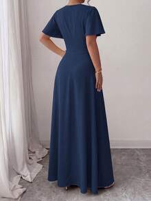 Elenzga Vestido Maxi Elegante Estilo Conmutador para Mujer Talla Grande Primavera/Verano, Estampado Floral Azul Marino, Manga Volante, Definición de Cintura, Efecto Estilizador. Adecuado para Oficina, Citas de Negocios, Salidas Diarias, Vacaciones, Ropa de Moda Estilo Conmutador Elegante. - Azul - Ver 2