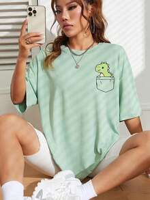 Sundraya Cartoon Graphic Drop Shoulder Tee Graphic Tees Women Tops - Green - View 1