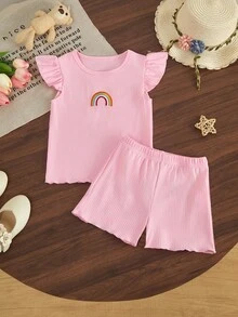 Conjunto de 2 piezas con top de manga corta con volantes y cuello redondo con patrón bordado y pantalones cortos - Multicolor - Ver 3