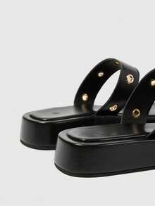 HighSole Spring And Summer New Metal Rivets Double With Open Toes Thick Bottom Black Personalized  Sandals Women Wear Shopping Travel Versatile - Black - View 5