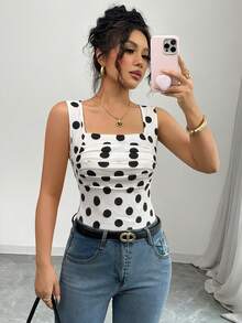 Rafferiza Women's Polka Dot Pleated Casual Versatile Daily Wear Top - Black and White - View 3
