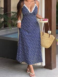 Sunnyshic Plus Size Women's Navy Blue Ditsy Floral Maxi Dress With White Lace Trim, 3D Flower Decor, V-Neck, Spaghetti Straps, Backless, Cinched Waist, A-Line - Navy Blue - View 6