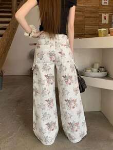 DAZY 女款花卉印花鈕扣寬鬆工裝休閒牛仔長褲 - 白色 - 查看 3