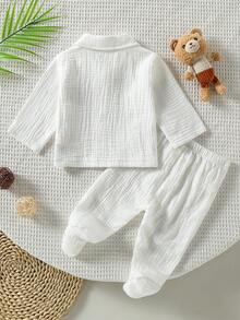 SHEIN Playful Pals 新生兒嬰兒睡衣-2件套睡衣組 格紋領圓領長袖連腳褲 前開扣 中性奶油白 四季輕量舒適親膚 2026年假期必備 - 白色 - 查看 2
