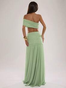 SHEIN BAE Spring/Summer Women's Casual Vacation Green Bandeau Ruched Top With Waist Ruched Long Skirt Elegant Solid Color Green 2-Piece Set, Suitable For Beach Vacation, Beach Holiday, Sisters Casual Vacation Green Set, Elegant Long Set - Green - View 2