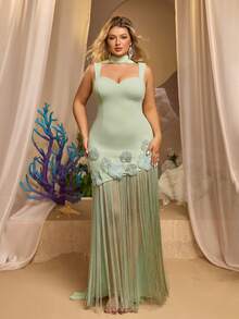 Glamrae Plus Size Elegant Formal Sage Green Scarf Drape Wave Chest Elastic Knit Patchwork Sequin 3D Flower Decor Long Dress Wedding Guest Dinner Evening - Green - View 6