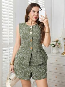 Ellevyn Bộ 2 món áo vest gile đơn ngực và quần short họa tiết hoa phong cách thường ngày cho nữ size lớn - Nhiều màu - Xem 7