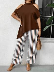 Breezaya Plus Size Women's Solid Color Off-Shoulder Asymmetric Hem Blouse And Striped Pants Set - Coffee Brown - View 4