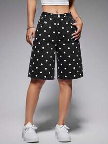 SHEIN EZwear 女款圓點圖案口袋休閒膝長牛仔短褲 - 黑色 - 查看 3
