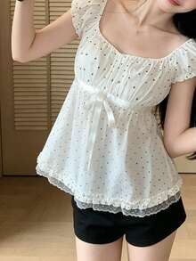 INAWLY Summer Puff Sleeve Polka Dot Square Neck Short Sleeve Women's Ruffle Lace Hem Top - Apricot - View 6