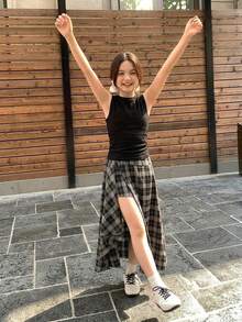 Hapijoa 青少年女孩夏季休閒素色背心上衣 & 格紋不對稱下擺裙 2件套 - 黑色 - 查看 7