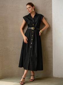 MOTF PREMIUM SPRING/SUMMER WOMEN'S CASUAL COMMUTER FRONT BUTTON DENIM DRESS WITHOUT BELT - Dark Wash - View 8