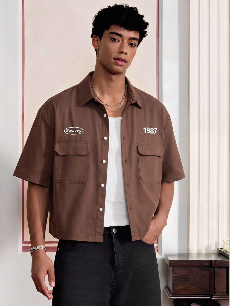 SWAVVY Men's Letter Print Short Sleeve Single-Breasted Work Shirt - Coffee Brown - View 1
