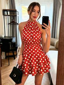 dressdressdressSHEIN PariChic Vestido elegante y romántico de cuello halter, cintura ajustada, vestido corto con volantes plisados en albaricoque y blanco, nuevo vestido de primavera/vedress - Rojo 2 - Ver 5