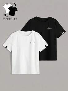 Tween Boy 2pcs Letter Graphic Tape Detail Tee, School, Campus, College,Kids - Black and White - View 3