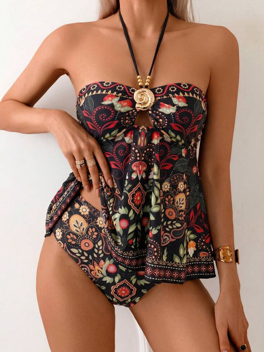 Swim Lushoire Women's Mature Vacation Tankini Tankini Set, 2-Piece Design With Wide Skirt, Print, Metal Gold Conch Shell Shape Trim, Gold Bead Shoulder Straps, 2-Piece Mature Vacation Tankini Tankini - Black - View 1