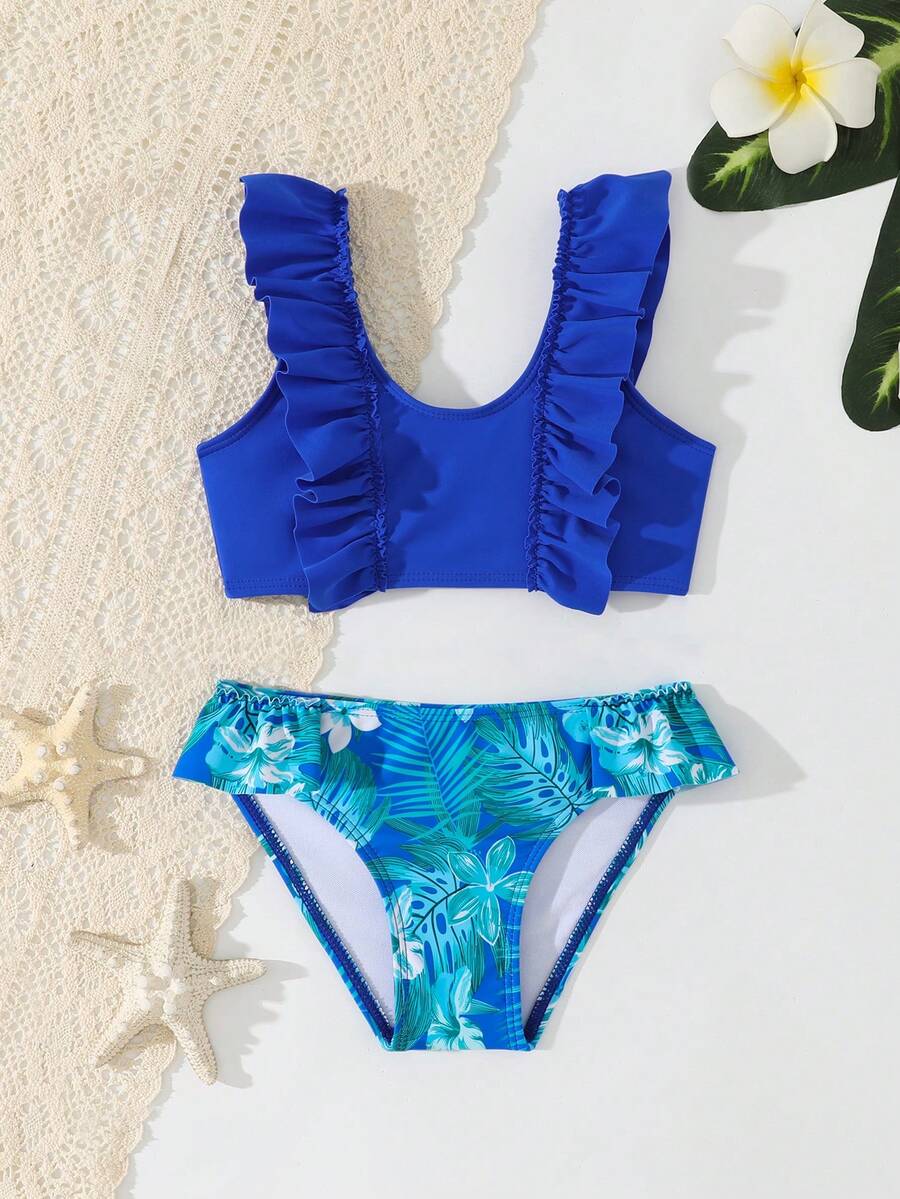 SHEIN Young Girls Pleated Leaf Print Two-Piece Swimsuit Set - Royal Blue - View 1